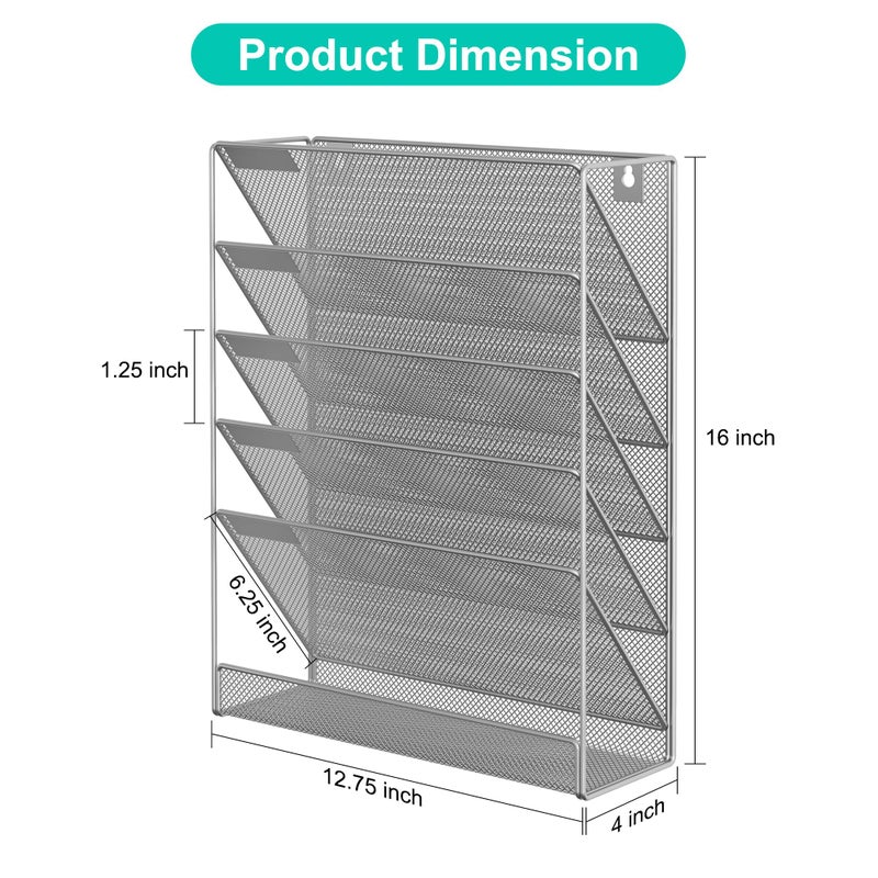 EasyPAG 5 Tier Wall File Holder, Mesh Hanging Folder Organizer with Classify Label, Versatile Desk File Holder, Vertical Wall Mounted Mail Organizer for Office Home Cubicle, Silver - Image 2